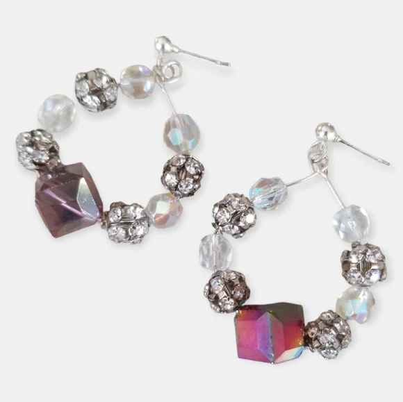 NWT Handcrafted AB Crystal and Rhinestone Hoop Style Pierced Earrings - Picture 6 of 6